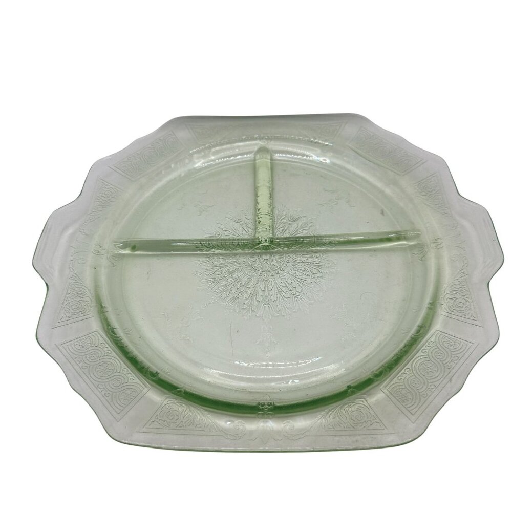 Vintage Green Uranium Glass Divided Serving Plate With Intricate Etched Design